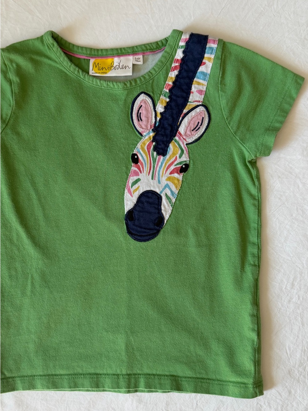Mini Boden Rainbow Zebra Applique Tee Girls 5-6Y Green